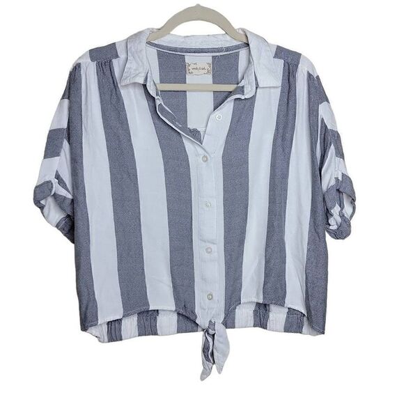 Sandy & Sid Button Front Cropped Stripe Short Sleeve Blouse Gray White Large - Picture 10 of 12